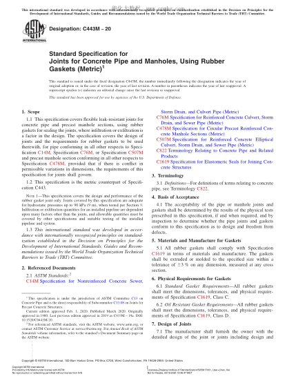 ASTM C443M-2020  Standard Specification for Joints for Concrete Pipe and Manholes, Using Rubber Gaskets (Metric)