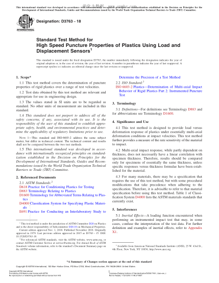 ASTM D3763-2018  Standard Test Method for High Speed Puncture Properties of Plastics Using Load and Displacement Sensors