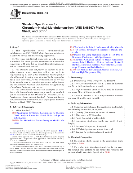 ASTM B688-2018 鉻鎳鉬鐵(UNS NO8366和UNS NO8367)中厚板、薄板及帶材規(guī)格 Standard Specification for Chromium-Nickel-Molybdenum-Iron (UNS N08367) Plate, Sheet, and Strip