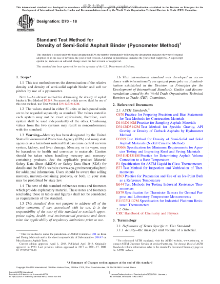 ASTM D70-2018 半固體瀝青材料密度試驗(yàn)方法（比重瓶法） Standard Test Method for Density of Semi-Solid Asphalt Binder (Pycnometer Method)