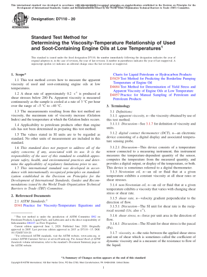 ASTM D7110-2020  Standard Test Method for Determining the Viscosity-Temperature Relationship of Used and Soot-Containing Engine Oils at Low Temperatures