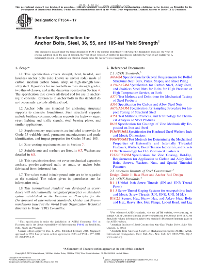 ASTM F1554-2017 屈服強(qiáng)度為36、55和105-ksi的鋼制錨固螺栓規(guī)格 Standard Specification for Anchor Bolts,Steel,36,55,and 105-ksi Yield Strength