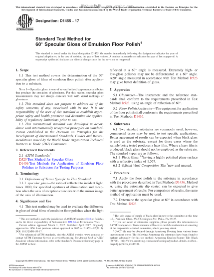 ASTM D1455-2017 乳液型地板上光劑60度鏡面光澤試驗方法 Standard Test Method for 60° Specular Gloss of Emulsion Floor Polish