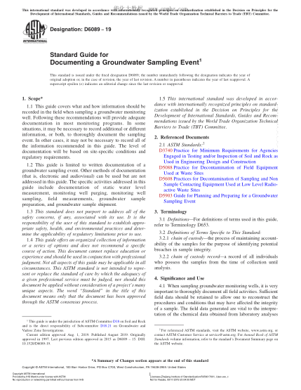 ASTM D6089-2019  Standard Guide for Documenting a Groundwater Sampling Event