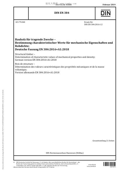 DIN EN 384-2019  Structural timber - Determination of characteristic values of mechanical properties and density