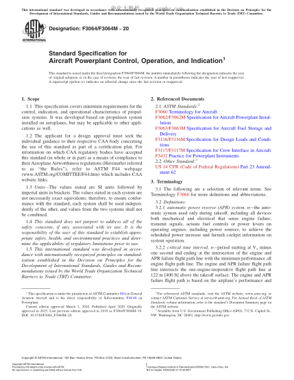 ASTM F3064/F3064M-2020  Standard Specification for Aircraft Powerplant Control, Operation, and Indication