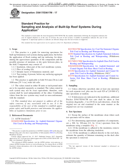 ASTM D3617/D3617M-2017 組合屋頂系統(tǒng)涂抹時取樣和分析規(guī)程 Standard Practice for  Sampling and Analysis of Built-Up Roof Systems During Application