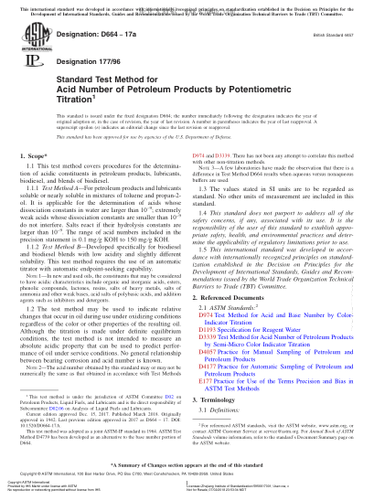 ASTM D664-2017a 用電位滴定法測(cè)定石油產(chǎn)品酸值的試驗(yàn)方法 Standard Test Method for Acid Number of Petroleum Products by Potentiometric Titration