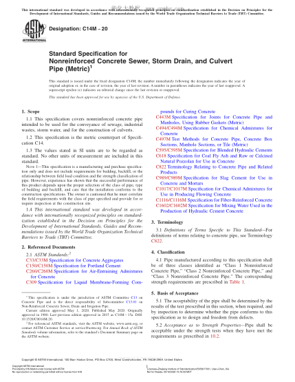 ASTM C14M-2020  Standard Specification for Nonreinforced Concrete Sewer, Storm Drain, and Culvert Pipe (Metric)