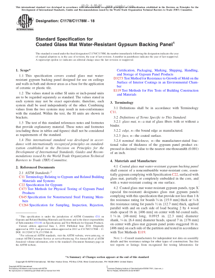 ASTM C1178/C1178M-2018  Standard Specification for Coated Glass Mat Water-Resistant Gypsum Backing Panel