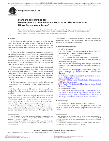 ASTM E2903-2018 測量小型和微型微焦點X 射線管有效焦點尺寸的試驗方法 Standard Test Method for Measurement of the Effective Focal Spot Size of Mini and Micro Focus X-ray Tubes