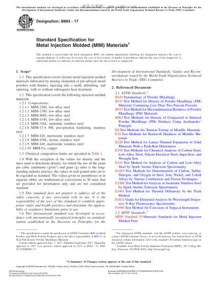 ASTM B883-2017 金屬注射成形（MIM）鐵基材料規(guī)格 Standard Specification for Metal Injection Molded (MIM) Materials
