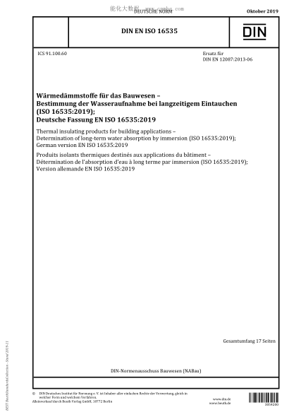 DIN EN ISO 16535-2019  Thermal insulating products for building applications &ndash; Determination of long-term water absorption by immersion