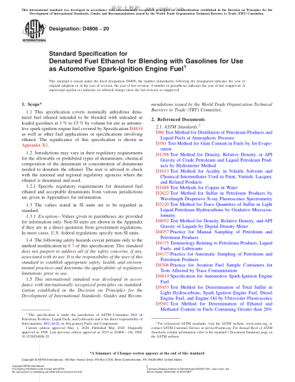 ASTM D4806-2020  Standard Specification for Denatured Fuel Ethanol for Blending with Gasolines for Use as Automotive Spark-Ignition Engine Fuel