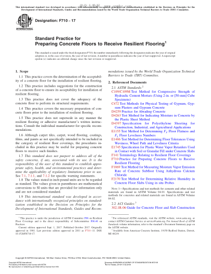 ASTM F710-2017準(zhǔn)備混凝土地面以便安裝彈性地板的規(guī)程Standard Practice for Preparing Concrete Floors to Receive Resilient Flooring