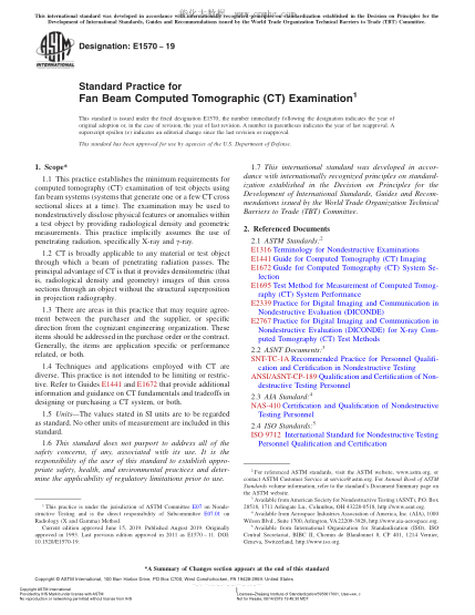 ASTM E1570-2019 計算機斷面X射線檢查規(guī)程 Standard Practice for Fan Beam Computed Tomographic (CT) Examination