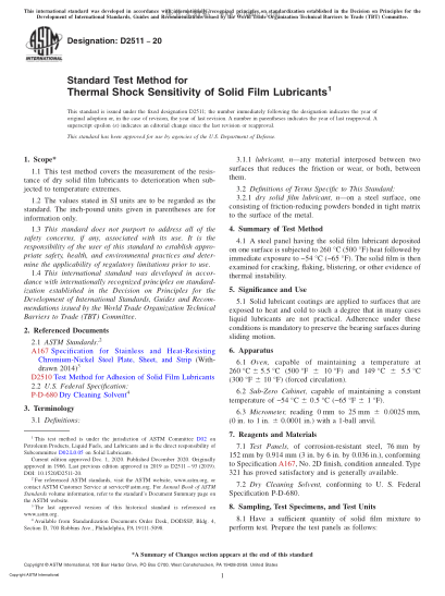 ASTM D2511-2020  Standard Test Method for Thermal Shock Sensitivity of Solid Film Lubricants