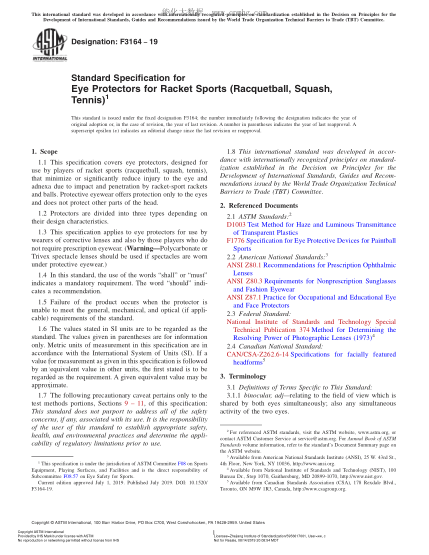 ASTM F3164-2019 球拍類運動（壁球、回力球、網(wǎng)球）護目鏡規(guī)格 Standard Specification for Eye Protectors for Racket Sports (Racquetball, Squash, Tennis)