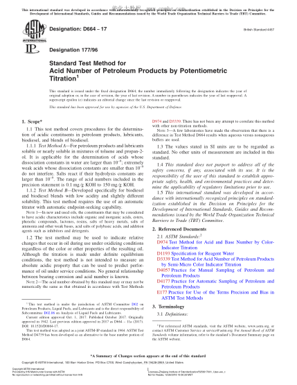 ASTM D664-2017 用電位滴定法測(cè)定石油產(chǎn)品酸值的試驗(yàn)方法 Standard Test Method for Acid Number of Petroleum Products by Potentiometric Titration