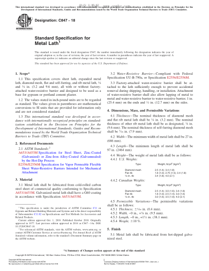 ASTM C847-2018  Standard Specification for Metal Lath