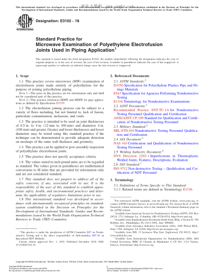 ASTM E3102-2018  Standard Practice for Microwave Examination of Polyethylene Electrofusion Joints Used in Piping Application