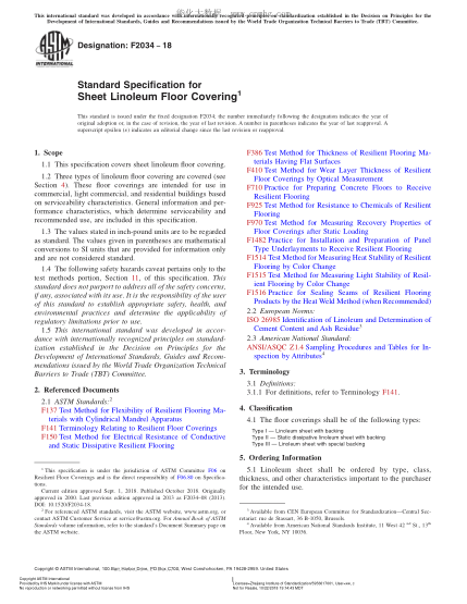 ASTM F2034-2018  Standard Specification for Sheet Linoleum Floor Covering