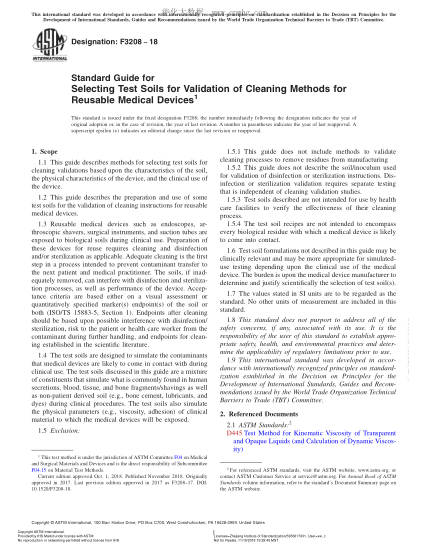 ASTM F3208-2018  Standard Guide for Selecting Test Soils for Validation of Cleaning Methods for Reusable Medical Devices