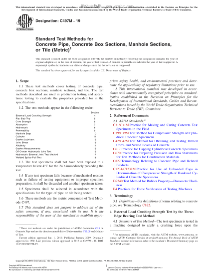 ASTM C497M-2019 混凝土管、人孔構(gòu)件或瓦管試驗方法(米制) Standard Test Methods for Concrete Pipe, Concrete Box Sections, Manhole Sections, or Tile (Metric)