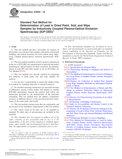 ASTM E3203-2019 用電感耦合等離子體發(fā)射光譜法測(cè)定干漆、土壤和擦拭試樣中鉛含量的方法 Standard Test Method for Determination of Lead in Dried Paint, Soil, and Wipe Samples by Inductively Coupled Plasma-Optical Emission Spectroscopy (ICP-OES)