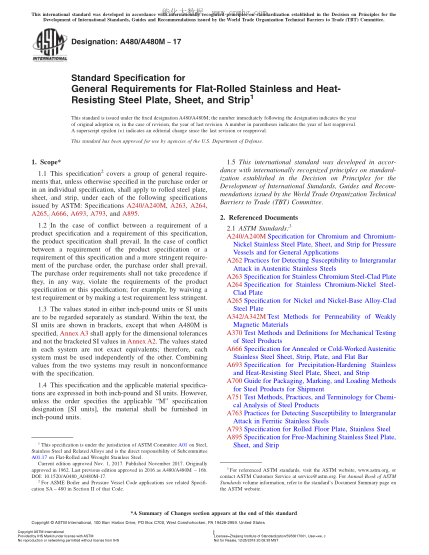 ASTM A480/A480M-2017 平軋及耐熱不銹鋼中厚板、薄板及帶材的一般要求規(guī)格 Standard Specification for General Requirements for Flat-Rolled Stainless and Heat-Resisting Steel Plate,Sheet,and Strip