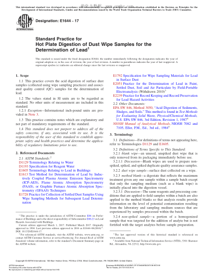 ASTM E1644-2017 鉛測定用塵揩試樣的熱板分解規(guī)程 Standard Practice for Hot Plate Digestion of Dust Wipe Samples for the Determination of Lead