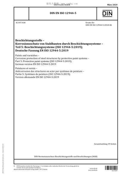 DIN EN ISO 12944-5-2020  Paints and varnishes - Corrosion protection of steel structures by protective paint systems - Part 5: Protective paint systems (ISO 12944-5:2019); German version EN ISO 12944-5:2019