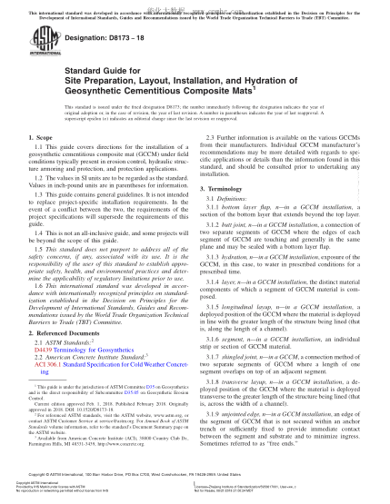 ASTM D8173-2018 土工合成膠結(jié)復(fù)合墊現(xiàn)場制備、布置、安裝及水合指南 Standard Guide for Site Preparation,Layout,Installation,and Hydration of Geosynthetic Cementitious Composite Mats
