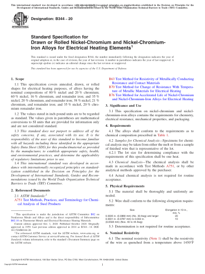 ASTM B344-2020  Standard Specification for Drawn or Rolled Nickel-Chromium and Nickel-Chromium-Iron Alloys for Electrical Heating Elements