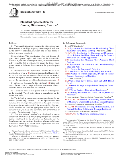 ASTM F1360-2017 電微波爐規(guī)格 Standard Specification for Ovens,Microwave,Electric