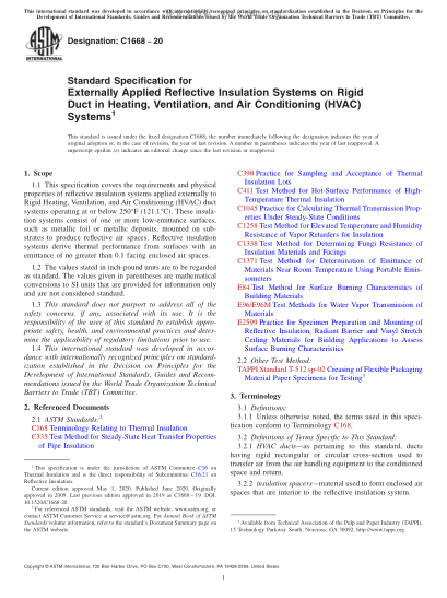ASTM C1668-2020  Standard Specification for Externally Applied Reflective Insulation Systems on Rigid Duct in Heating, Ventilation, and Air Conditioning (HVAC) Systems