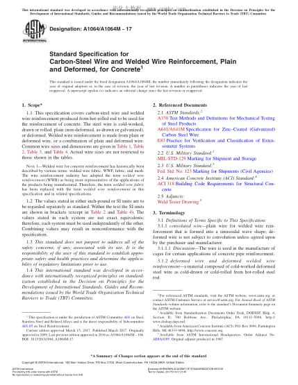 ASTM A1064/A1064M-2017 混凝土用光面及異型碳鋼絲與焊接鋼筋的規(guī)格 Standard Specification for Carbon-Steel Wire and Welded Wire Reinforcement,Plain and Deformed,for Concrete