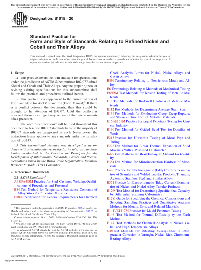 ASTM B1015-2020  Standard Practice for Form and Style of Standards Relating to Refined Nickel and Cobalt and Their Alloys