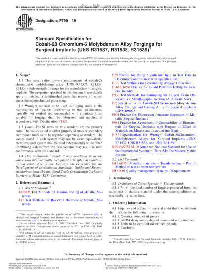ASTM F799-2019 外科植入物用鈷-28鉻-6鉬合金鍛件規(guī)格 Standard Specification for Cobalt-28 Chromium-6 Molybdenum Alloy Forgings for Surgical Implants (UNS R31537, R31538, R31539)
