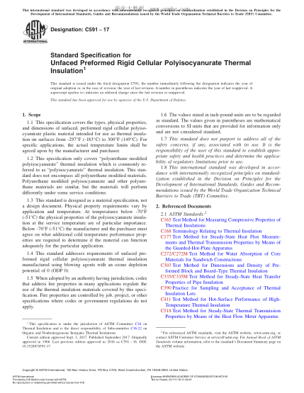 ASTM C591-2017 預(yù)制未光面硬質(zhì)蜂窩狀聚異氰脲酸酯隔熱材料規(guī)格 Standard Specification for Unfaced Preformed Rigid Cellular Polyisocyanurate Thermal Insulation