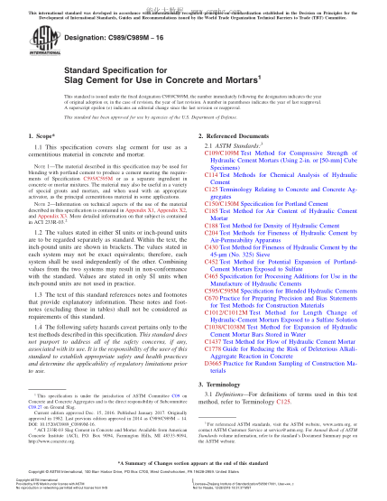 ASTM C989/C989M-2016 混凝土和灰漿用熔渣水泥的規(guī)格 Standard Specification for Slag Cement for Use in Concrete and Mortars