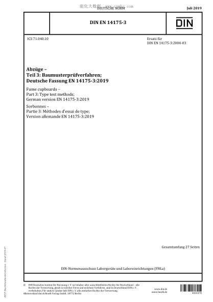 DIN EN 14175-3-2019  Fume cupboards - Part 3: Type test methods