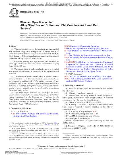 ASTM F835-2018  Standard Specification for Alloy Steel Socket Button and Flat Countersunk Head Cap Screws
