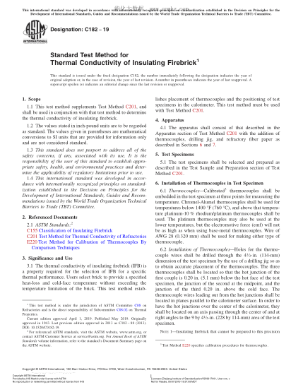 ASTM C182-2019 絕熱耐火磚導(dǎo)熱性測(cè)試方法 Standard Test Method for Thermal Conductivity of Insulating Firebrick