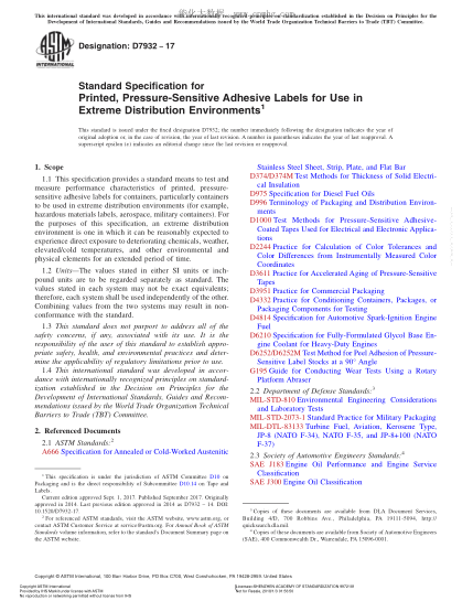 ASTM D7932-2017 極值分布環(huán)境用印刷壓敏膠標(biāo)簽的規(guī)格 Standard Specification for Printed,Pressure-Sensitive Adhesive Labels for Use in Extreme Distribution Environments