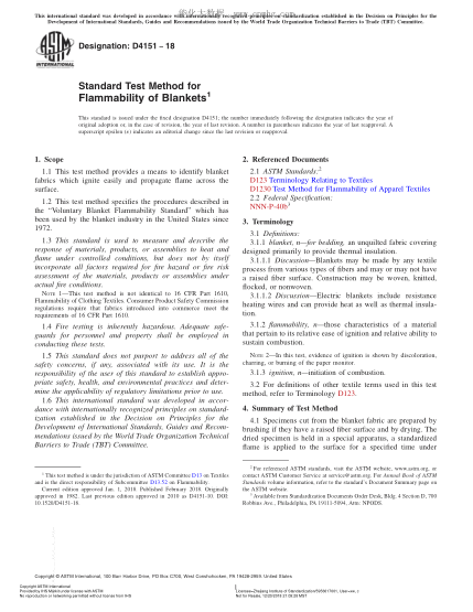 ASTM D4151-2018 毯子可燃性測(cè)試方法 Standard Test Method for Flammability of Blankets