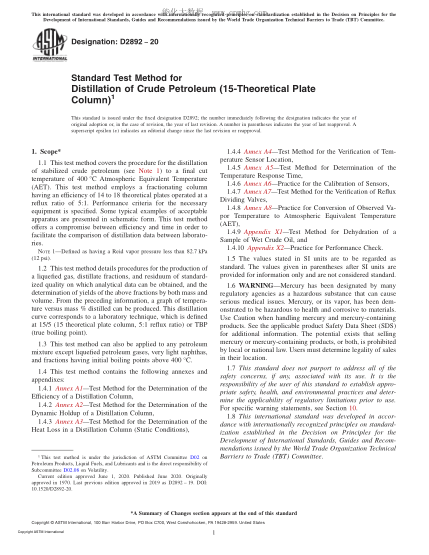 ASTM D2892-2020  Standard Test Method for Distillation of Crude Petroleum (15-Theoretical Plate Column)