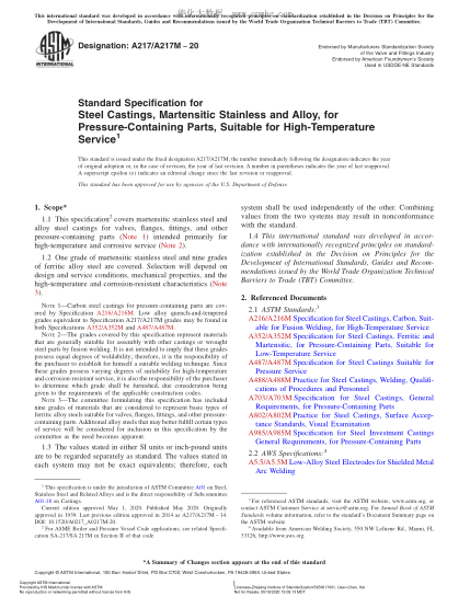 ASTM A217/A217M-2020  Standard Specification for Steel Castings, Martensitic Stainless and Alloy, for Pressure-Containing Parts, Suitable for High-Temperature Service
