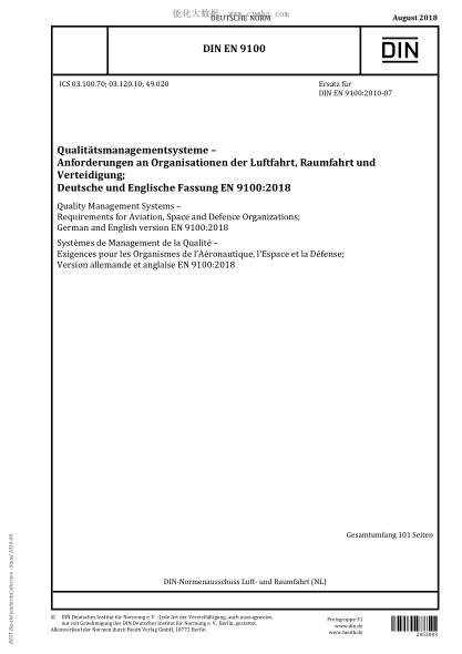 DIN EN 9100-2018  Quality Management Systems - Requirements for Aviation, Space and Defence Organizations; German and English version EN 9100:2018