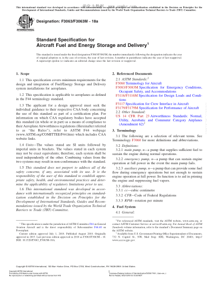 ASTM F3063/F3063M-2018 飛機燃油/能量儲存及分配系統(tǒng)設備的設計與集成規(guī)格 Standard Specification for Aircraft Fuel and Energy Storage and Delivery